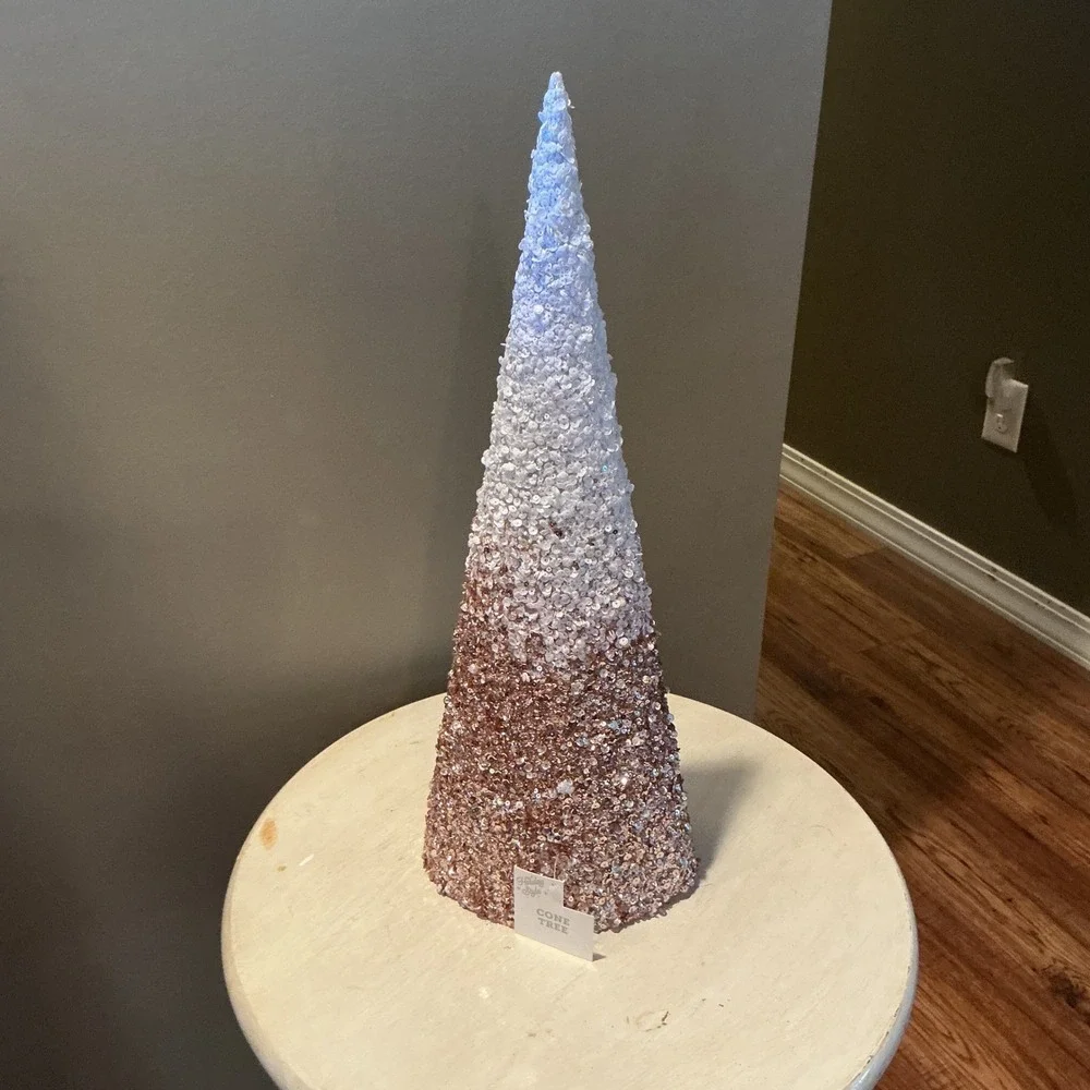 Sparkle Cone Tree Rose Gold White Glitter Tabletop Holiday Decor 20‎ in